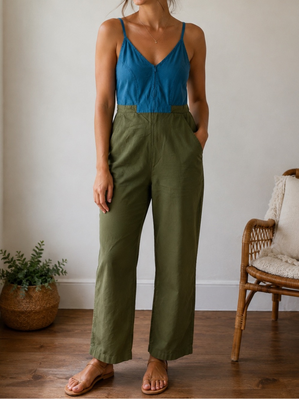JAW Sleeveless Colorblock Cotton Linen Blend Jumpsuit XS